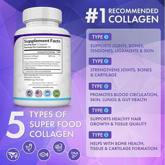 Colágeno Péptidos Toplux 1800 mg 90 Cápsulas - 5 Tipos de Colágeno en un solo Producto