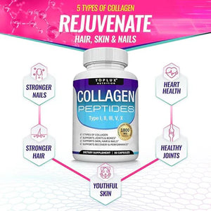 Colágeno Péptidos Toplux 1800 mg 90 Cápsulas - 5 Tipos de Colágeno en un solo Producto